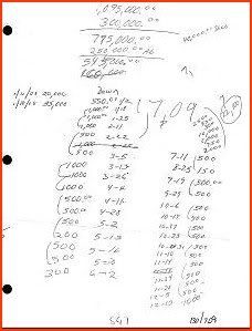 [A piece of paper with handwritten mathematical calculations concerning the figure 1.095 million and subtracting from it three hundred thousand, then two hundred fifty thousand dollars. This is specific to the monies used to seed the Abraham Shakespeare LLC account at Bank of America]